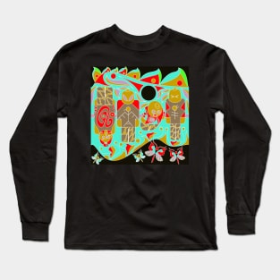 the brick scheme in totem ecopop tribal art with soccer and toys in green dark Long Sleeve T-Shirt